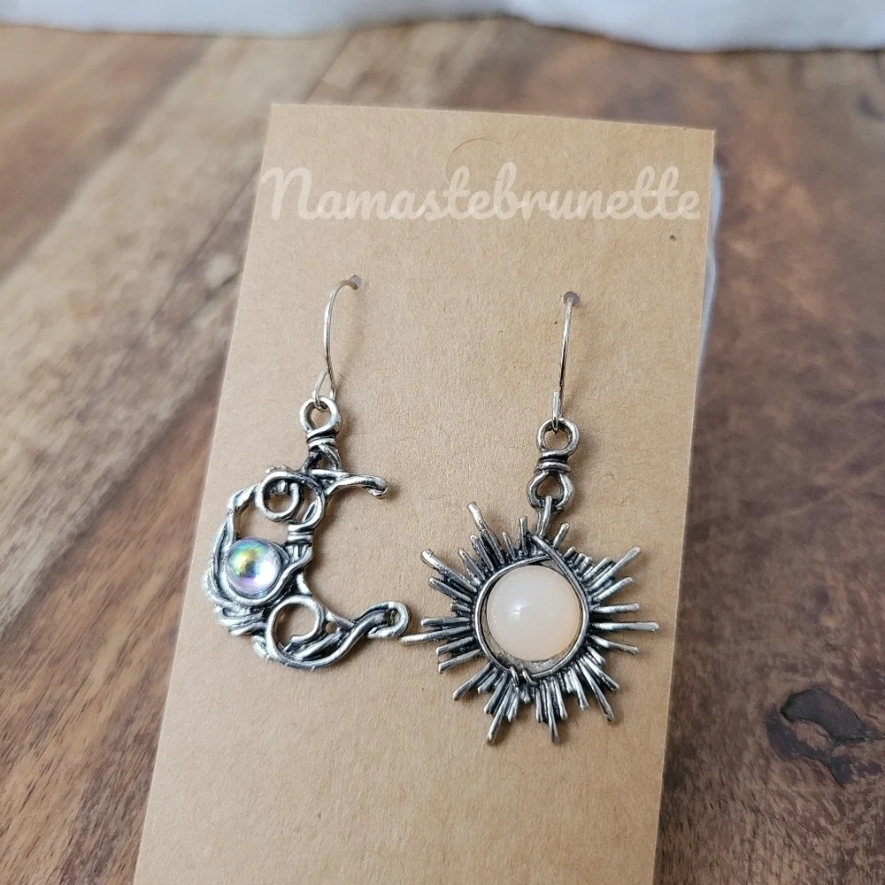 Sun & Moon Silver Wire Wrapped Stone Dangle Drop Earrings